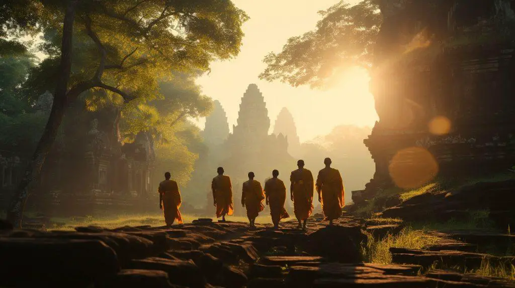 Buddhist monks walking in Cambodia