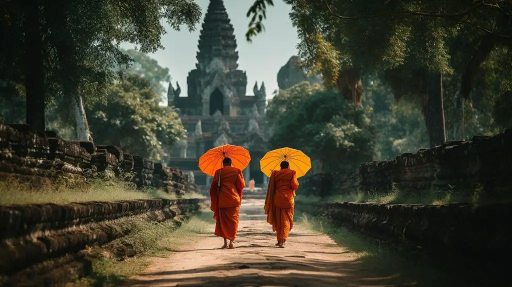 Buddhist monks with umbrellas in Cambodia