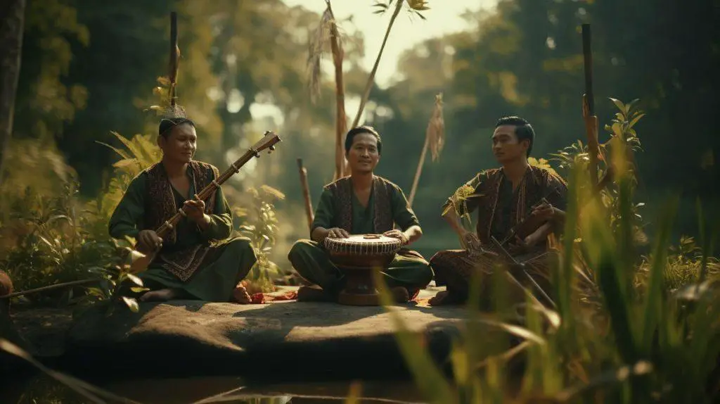 Cambodian musicians playing traditional wind instruments